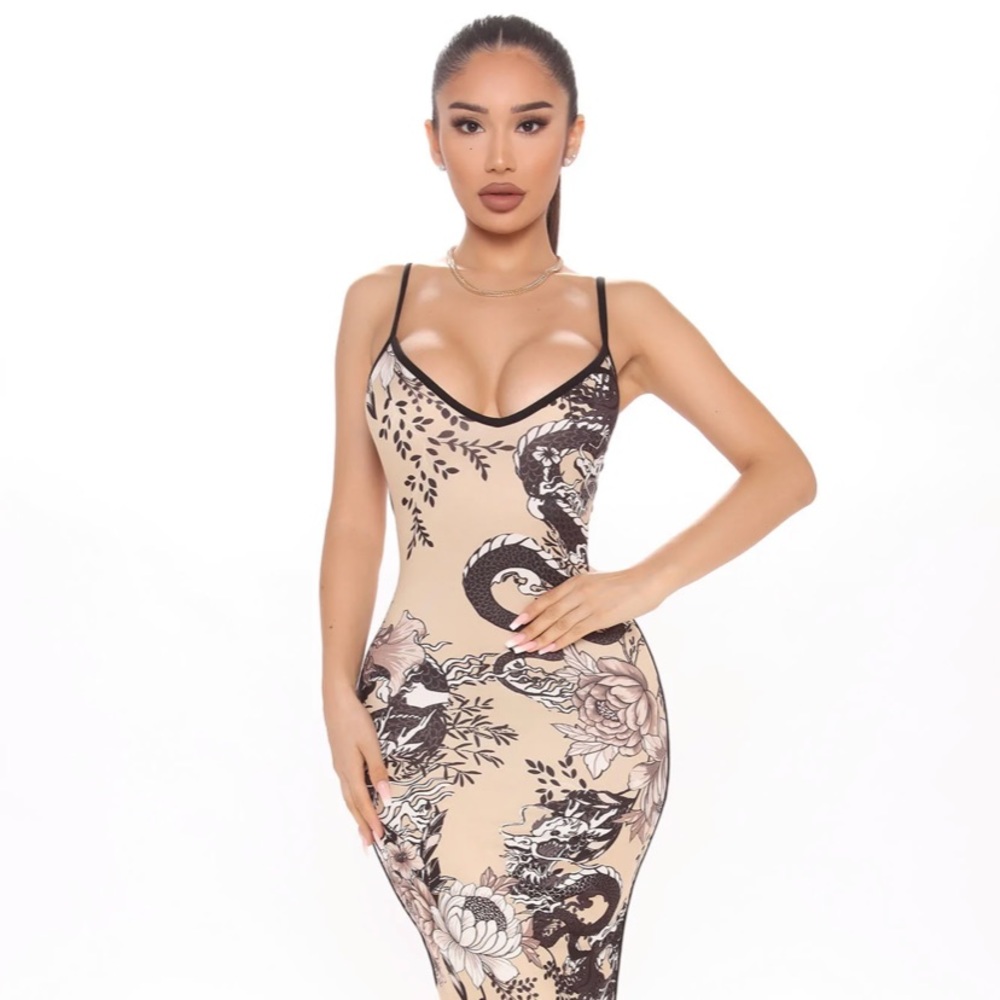 Drag Tattoos Printed Maxi Dress -Taupe/Combo
